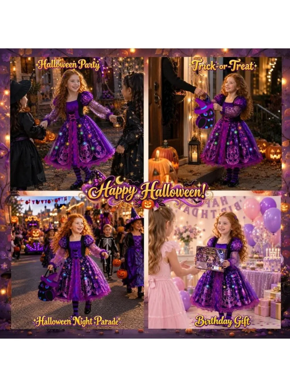 Light Up Witch Costume for Girls, Spooky Halloween Outfit for Kids 3-10